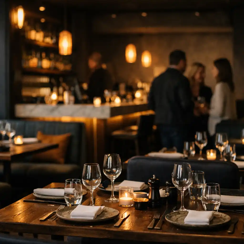 Gondosan terített asztal a Restaurant Dellights meleg fényű belső terében