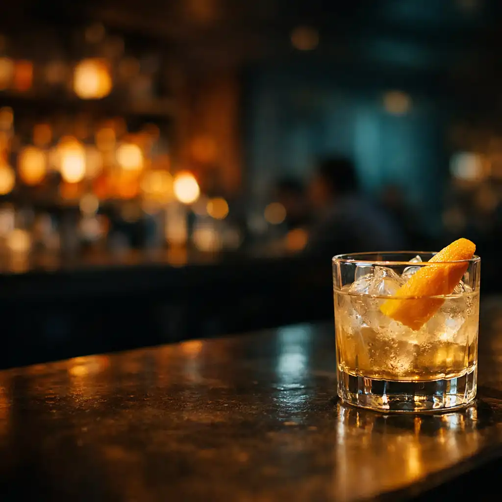 Koktél a Restaurant Dellights amber fényű bárjánál