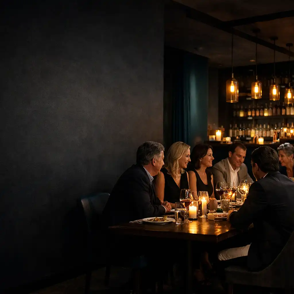 Esti társaság a Restaurant Dellights meleg fényű, városi enteriőrjében