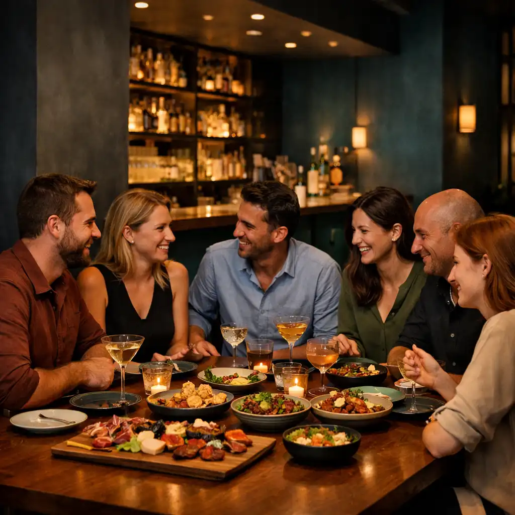 Baráti társaság közös vacsorája a Restaurant Dellights enteriőrjében