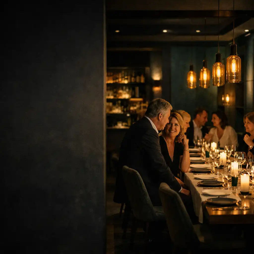 Esti vendégtér meleg lámpafényekkel és beszélgető vendégekkel a Restaurant Dellightsban